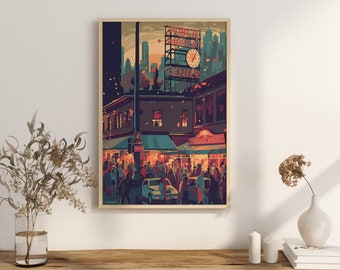 May include: A vintage-style illustration of a bustling city street scene with a large sign that reads "Public Market Center". The illustration is in a retro color palette with warm tones of red, orange, yellow, and brown. The scene is set at night with streetlights illuminating the crowd of people walking by.