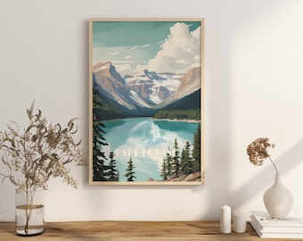 May include: A vintage-style travel poster featuring a scenic view of a lake surrounded by mountains. The lake is a vibrant blue, and the mountains are a mix of green and brown. The text "LAKE LOUISE" is printed at the bottom of the poster.