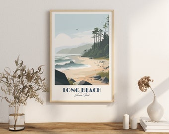 May include: A framed illustration of a beach scene with a forest in the background. The text "LONG BEACH" is printed in blue at the bottom of the image, with the words "Vancouver Island" printed in smaller font below.