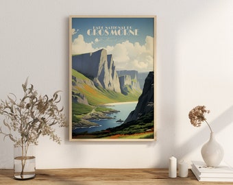 May include: A vintage-style travel poster for Parc National de la Gaspésie, featuring a scenic view of the Gros Morne mountains and a body of water. The poster has a blue, green, and brown color scheme.