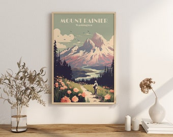 Poster Mount Rainier Reiseplakat Washington's Peak Wand Kunst USA Wohnkultur Mount Hike Art Print USA