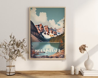 May include: A vintage-style travel poster featuring a scenic view of Moraine Lake in Banff National Park, Canada. The poster depicts a turquoise lake surrounded by snow-capped mountains and lush green trees. The text "Moraine Lake" is prominently displayed at the bottom of the poster.