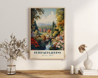 Impresión de póster de los Jardines Butchart, Victoria, póster de flores de la Columbia Británica, decoración de pared, póster de Victoria, impresión artística de Canadá