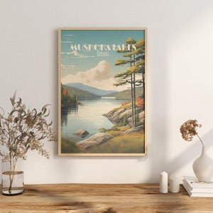 Affiche Muskoka Lakes, Ontario Travel Poster, vue panoramique sur un lac, impression d'art, décoration murale nature, cadeaux d'aventure