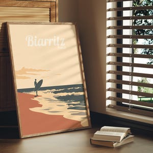 Impresión de póster de Biarritz, Francia, olas de surf, puestas de sol en la playa, decoración de pared, impresión artística de la costa atlántica, golfo de Vizcaya, costa vasca francesa, Landas