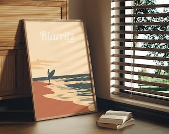 Stampa Biarritz Poster Francia Surf Onde Spiaggia Tramonti Decorazione murale Costa Atlantica Stampa artistica Golfo di Biscaglia Costa basca francese Landes