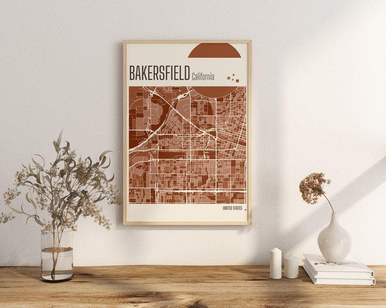 Drucken Sie den Stadtplan von Bakersfield, Kalifornien, Terrakotta-Drucke, grüne und blaue Jade-Wandkunst, Stadtpläne von Bakersfield, Vereinigte Staaten Bild 2