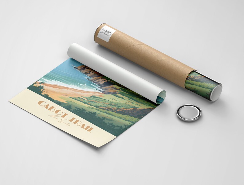 May include: A rolled up poster featuring a scenic view of the Cabot Trail in Nova Scotia. The poster is brown and depicts a blue ocean, green trees, and a sandy beach. The text "CABOT TRAIL Nova Scotia" is printed on the poster.