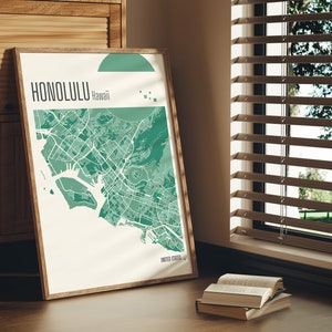 Drucken Sie eine Karte von Honolulu, Hawaii, Terrakotta-Drucke, grüne und blaue Jade-Wandkunst, Honolulu-Karte, Stadtpläne der Vereinigten Staaten, digitaler Download Bild 3