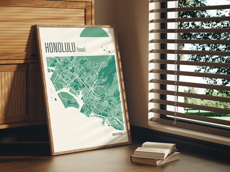 Drucken Sie eine Karte von Honolulu, Hawaii, Terrakotta-Drucke, grüne und blaue Jade-Wandkunst, Honolulu-Karte, Stadtpläne der Vereinigten Staaten, digitaler Download Bild 3
