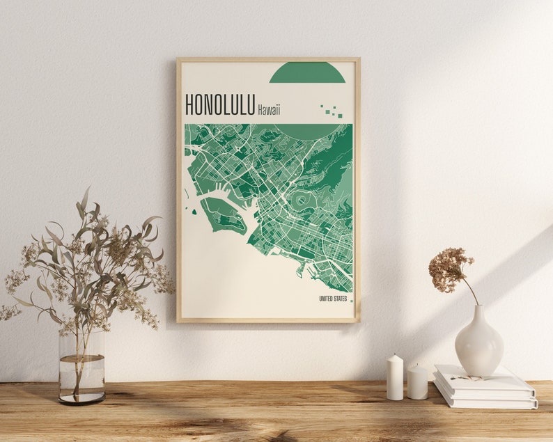 Drucken Sie eine Karte von Honolulu, Hawaii, Terrakotta-Drucke, grüne und blaue Jade-Wandkunst, Honolulu-Karte, Stadtpläne der Vereinigten Staaten, digitaler Download Bild 1