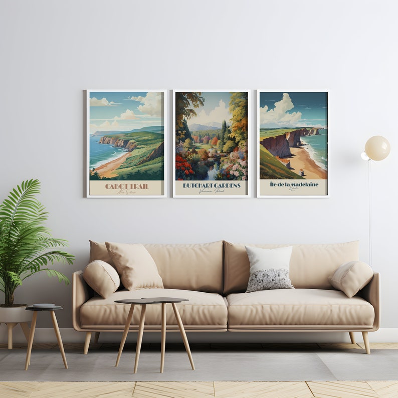 May include: Three vintage travel posters featuring scenic landscapes. The first poster shows the Cabot Trail in Nova Scotia, the second poster shows the Butchart Gardens in Victoria, British Columbia, and the third poster shows the Ile de la Madeleine in Quebec.