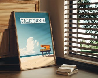 Impresión de póster de la costa de California, olas al atardecer, decoración de pared, viaje por carretera costero, impresión artística del océano Pacífico, viajes de EE. UU., aventura, surf, playa, impresión de estados