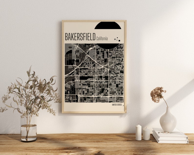 Drucken Sie den Stadtplan von Bakersfield, Kalifornien, Terrakotta-Drucke, grüne und blaue Jade-Wandkunst, Stadtpläne von Bakersfield, Vereinigte Staaten Bild 9