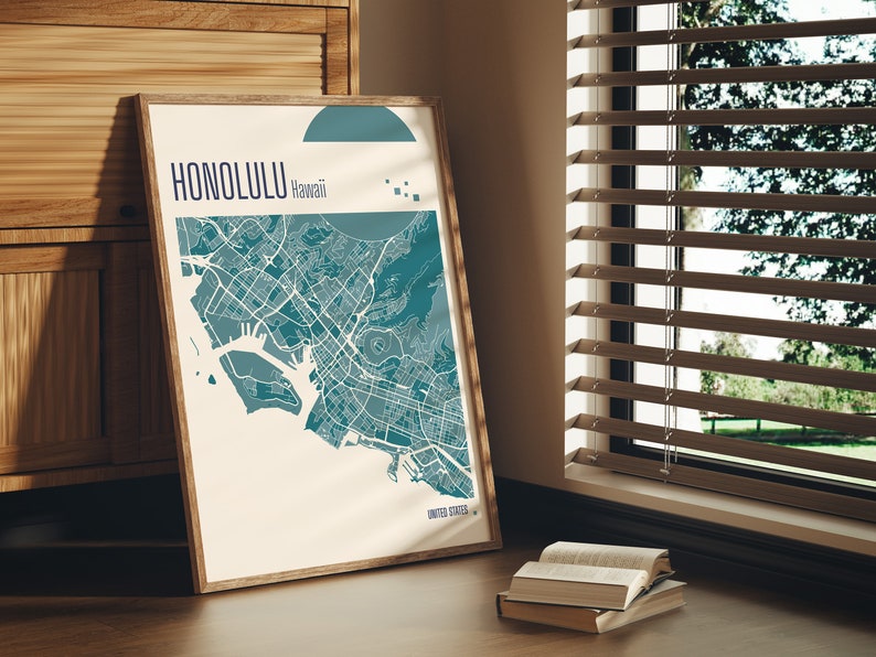 Drucken Sie eine Karte von Honolulu, Hawaii, Terrakotta-Drucke, grüne und blaue Jade-Wandkunst, Honolulu-Karte, Stadtpläne der Vereinigten Staaten, digitaler Download Bild 4