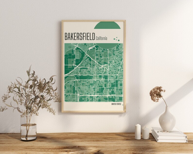 Drucken Sie den Stadtplan von Bakersfield, Kalifornien, Terrakotta-Drucke, grüne und blaue Jade-Wandkunst, Stadtpläne von Bakersfield, Vereinigte Staaten Bild 1