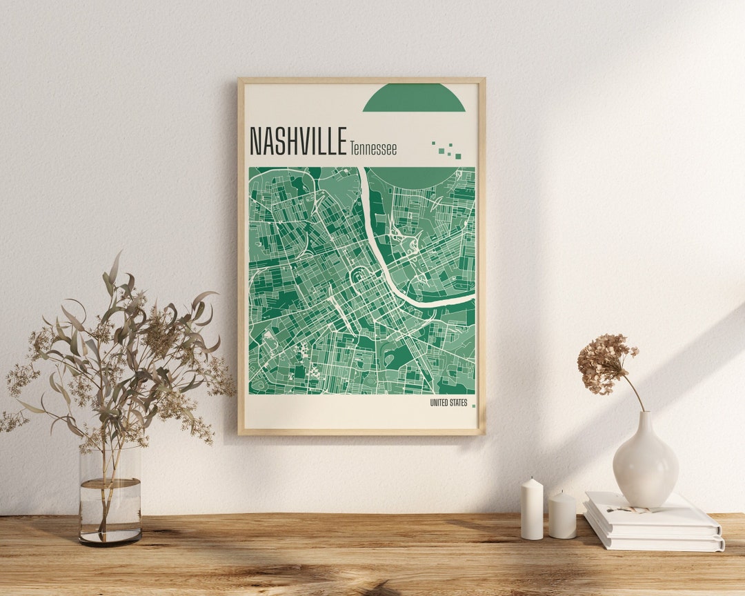 Print Map NASHVILLE Tennessee City Map Terracotta Prints Green and Blue ...
