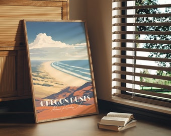 Puede incluir: Una impresión artística enmarcada de Oregon Dunes National Recreation Area. La obra de arte representa un paisaje costero con una larga playa de arena, olas del océano y un cielo azul con nubes. La impresión está en un marco de madera.