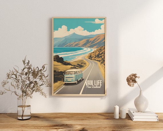 Poster Van Life print Nieuw-Zeeland reisposter Scenic Camper Views