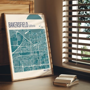 Drucken Sie den Stadtplan von Bakersfield, Kalifornien, Terrakotta-Drucke, grüne und blaue Jade-Wandkunst, Stadtpläne von Bakersfield, Vereinigte Staaten Bild 4