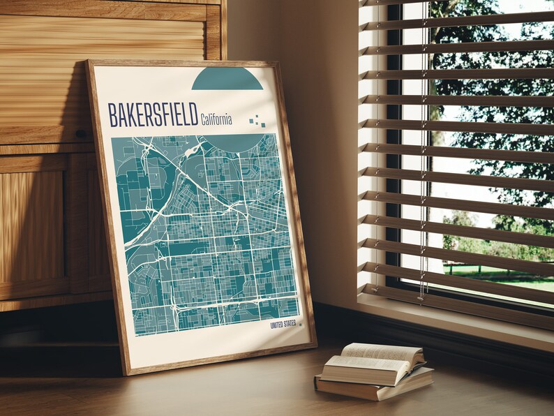Drucken Sie den Stadtplan von Bakersfield, Kalifornien, Terrakotta-Drucke, grüne und blaue Jade-Wandkunst, Stadtpläne von Bakersfield, Vereinigte Staaten Bild 4