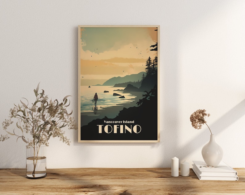 May include: A vintage-style travel poster featuring a silhouette of a person walking on a beach with a mountain range and ocean in the background. The text on the poster reads "Vancouver Island TOFINO".