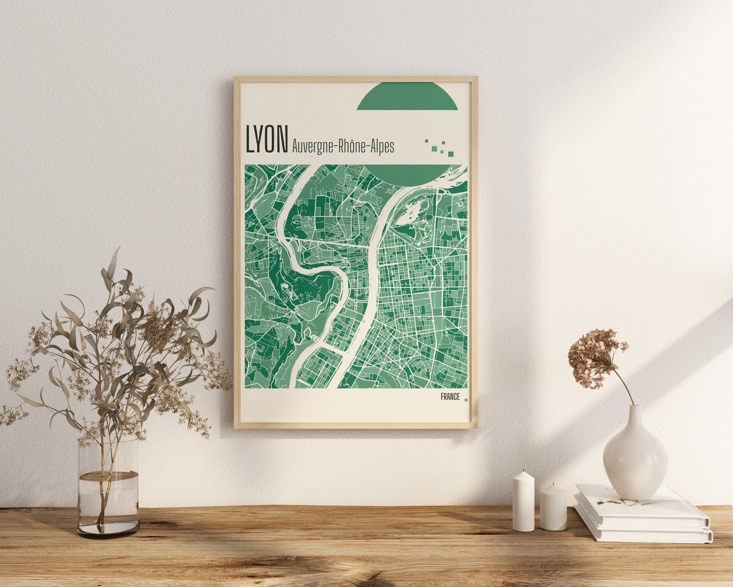 Print Map Lyon Auvergne Rhone Alpes City Maps France City Map Terracotta Prints Green and blue Jade Wall Art Lyon France City Maps