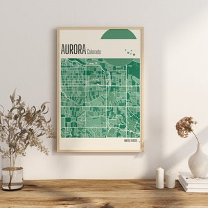 Imprimir Mapa Aurora Colorado Mapa de la ciudad Impresiones en terracota Arte mural en jade verde y azul Mapa de Aurora Mapas de ciudades de Estados Unidos Descarga digital