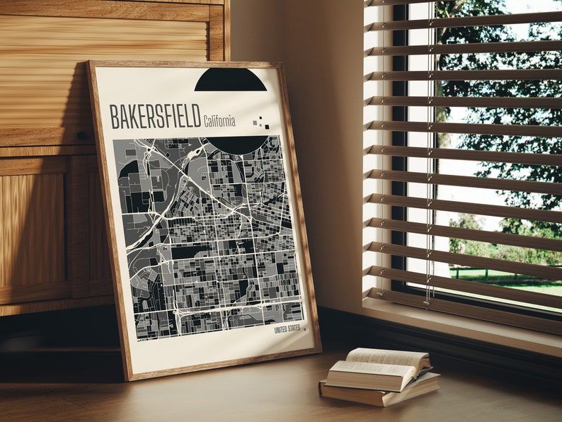Drucken Sie den Stadtplan von Bakersfield, Kalifornien, Terrakotta-Drucke, grüne und blaue Jade-Wandkunst, Stadtpläne von Bakersfield, Vereinigte Staaten Bild 5
