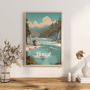 May include: A vintage travel poster featuring a retro illustration of a river flowing through a mountain valley. The poster is titled "Haast, New Zealand".