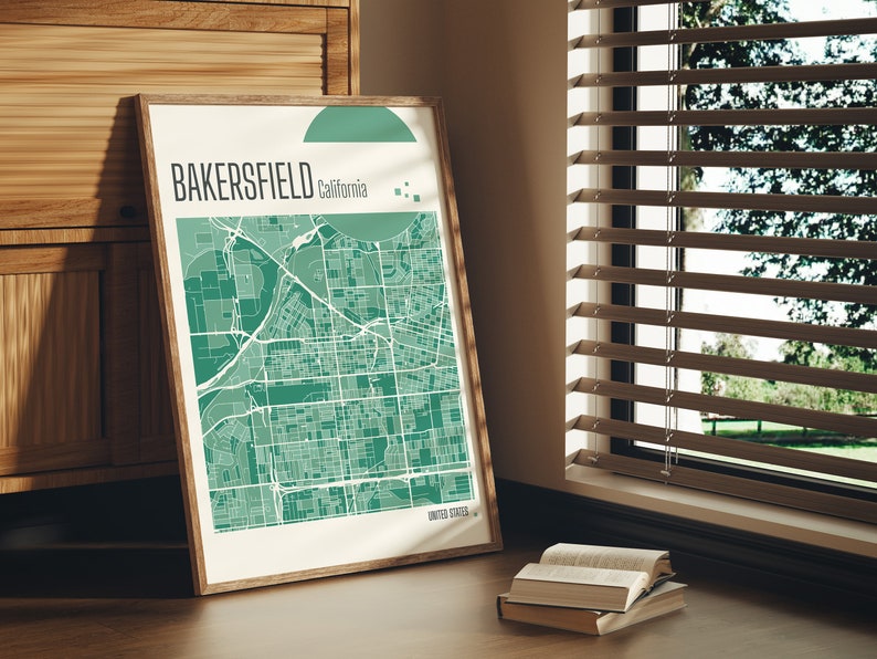 Drucken Sie den Stadtplan von Bakersfield, Kalifornien, Terrakotta-Drucke, grüne und blaue Jade-Wandkunst, Stadtpläne von Bakersfield, Vereinigte Staaten Bild 3