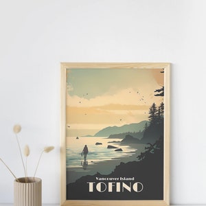 May include: A framed poster with a vintage travel illustration of a person walking on a beach with a mountain range in the background. The poster has a dark blue background with the text "Vancouver Island TOFINO" in white.