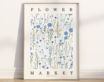 Blue Flower Market Wall Art, Floral Poster, Botanical Wall Decor, Printable Wall Art, Wildflower Digital Download, Girls Dorm Room Print