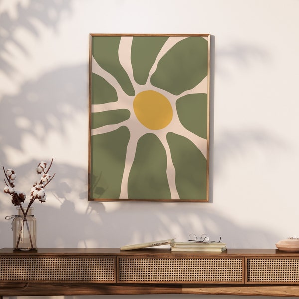 Retro Flower Print, Midcentury Modern Flower Wall Art, Matisse Inspired Flower Printable Wall Art, Abstract Floral Art, Trendy Retro Green