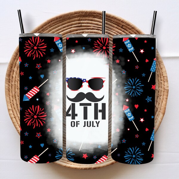 4th of July Mustache Shades Straight Tapered 20oz Tumbler Wrap, Svg Png Pdf Jpg Instant Download