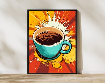 Op de afbeelding: Een ingelijste pop-art print met een turquoise koffiekopje gevuld met donkerbruine koffie. De beker staat tegen een achtergrond van oranje en gele radiale uitbarstingen en spatten, wat een dynamisch beeld creëert.