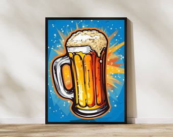 Puede incluir: Una ilustración de dibujos animados de un vaso de cerveza con espuma. La cerveza es amarilla y el vaso es transparente. El fondo es un diseño abstracto azul y naranja.