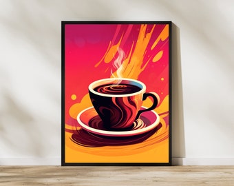 Op de afbeelding: Een kleurrijke abstracte illustratie van een stomende kop koffie met een draaiend patroon op de kop en schotel. De achtergrond is een levendige mix van rood, oranje en geel.