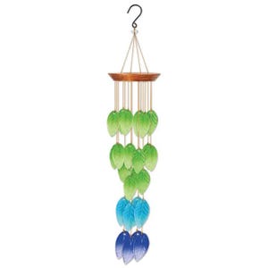 May include: A wind chime with a wooden top and multiple glass leaves in shades of green, blue, and purple.
