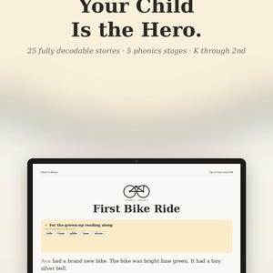 Puede incluir: Una pantalla de portátil muestra un cuento infantil titulado "First Bike Ride". El texto dice "Stories Where Your Child Is the Hero". La historia trata sobre el primer paseo en bicicleta de un niño. La imagen incluye el texto "TAP TO GRAB YOUR COPY".