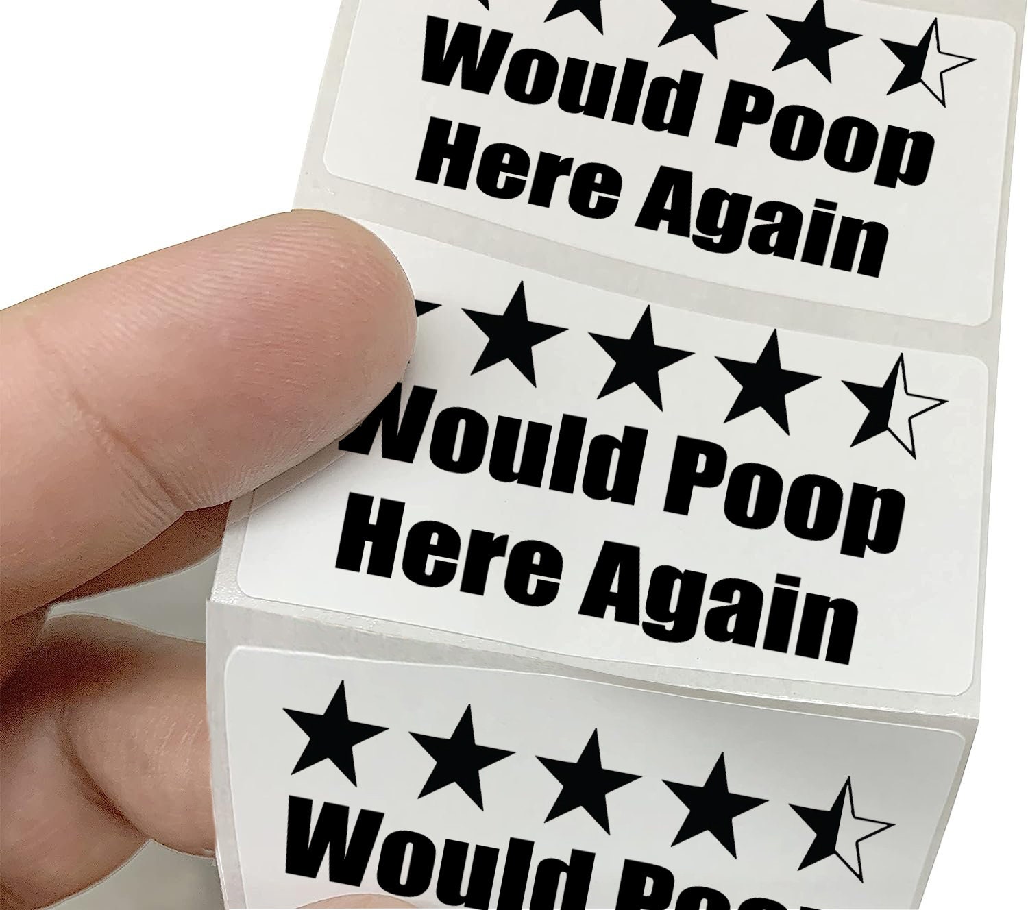 Would Poop Here Again Bathroom Review Stickers | 5 - 1000 Pack Laptop Wall Handle Locker Waterbottle Sticker | Gag gift or Prank Stickers