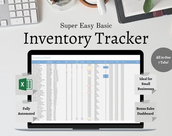 Foglio di calcolo di base del monitoraggio dell'inventario Microsoft Excel. Modello piccola impresa. Registro dell'inventario. Gestione delle scorte. Acquisti e vendite.