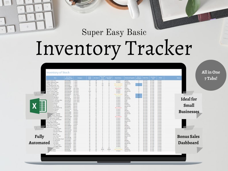 Inventory Tracker. Automatically updates based on your Sales & Purchases. All in one 9 tabs. Ideal with Small business. Bonus sales dashboard. Includes Manufacturing calculator. inventory management. inventory log. Inventory tracker. Microsoft Excel