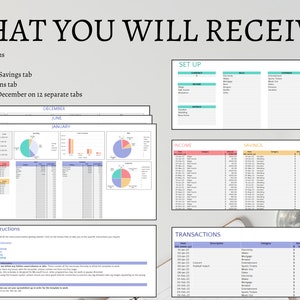 May include: A digital printable budget planner with 12 separate tabs for each month of the year. The planner includes sections for income, savings, and transactions. The image shows a sample of the planner with the months of December, June, and January.