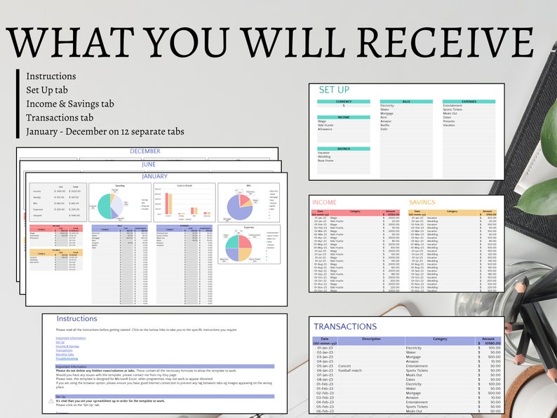 May include: A digital printable budget planner with 12 separate tabs for each month of the year. The planner includes sections for income, savings, and transactions. The image shows a sample of the planner with the months of December, June, and January.