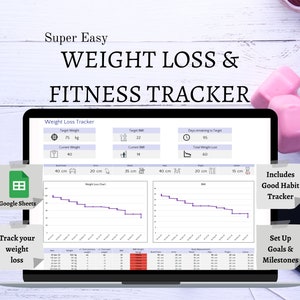 May include: A laptop computer displaying a Google Sheets spreadsheet for tracking weight loss and fitness goals. The spreadsheet includes sections for target weight, current weight, target BMI, current BMI, days remaining to target, total weight lost, weight loss chart, body measurements, and a good habit tracker. The laptop is on a wooden surface with pink dumbbells and a black leather notebook.