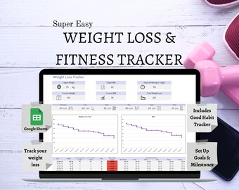 May include: A laptop computer displaying a Google Sheets spreadsheet for tracking weight loss and fitness goals. The spreadsheet includes sections for target weight, current weight, target BMI, current BMI, days remaining to target, total weight lost, weight loss chart, body measurements, and a good habit tracker. The laptop is on a wooden surface with pink dumbbells and a black leather notebook.