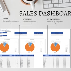Sales Dashboard. Filter by month and year. See sales by product. See sales by category.  Inventory Tracker Microsoft Excel.