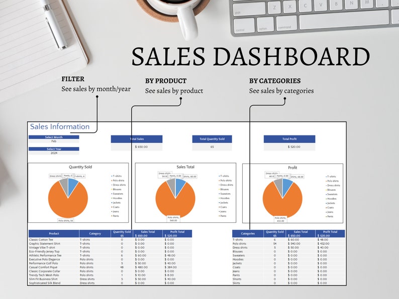 Sales Dashboard. Filter by month and year. See sales by product. See sales by category.  Inventory Tracker Microsoft Excel.