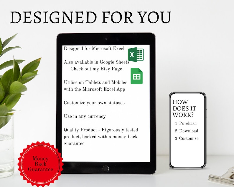 Designed for Microsoft Excel. Utilise on tablets and mobiles with Microsoft Excel App. Also available in Google Sheets. Customize your own statuses. Use in any currency. Quality Product money back guarantee. 1. Purchase 2. download 3 customize